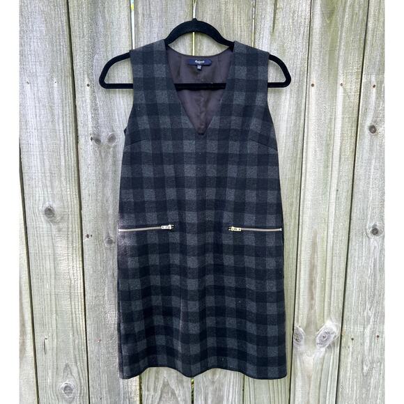 Madewell Buffalo Check Jumper Dress Black Gray Sleeveless XXS Mini Wool Blend - Picture 3 of 7